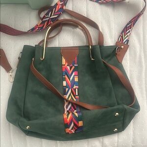 Green Suede Tote Bag with Colorful Strap